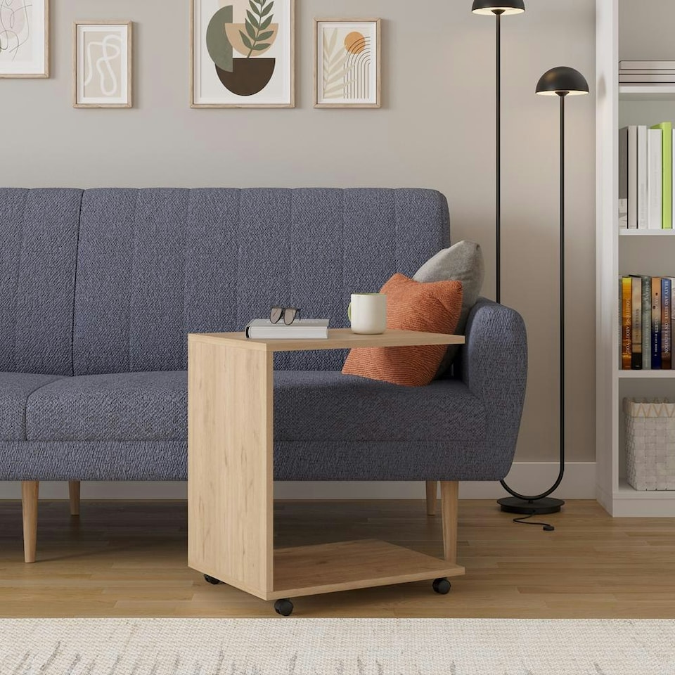 image 1 of Adore Florida Oak Effect Sofa Laptop Table on Castors - Mobile Side Table Brown