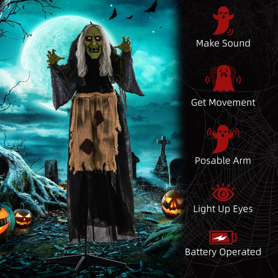 image 1 of HOMCOM 160cm 63 Witch Outdoor Halloween Decoration, Halloween Animatronic with Sound Activated, Light Up Eyes, Sound Effects, Animated Prop for Haunted House