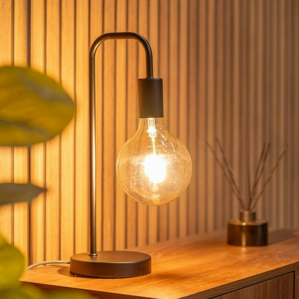 image 1 of ValueLights Bronx Industrial Style Black Metal Curved Stem Bedside Table Lamp Light - Bulb Included