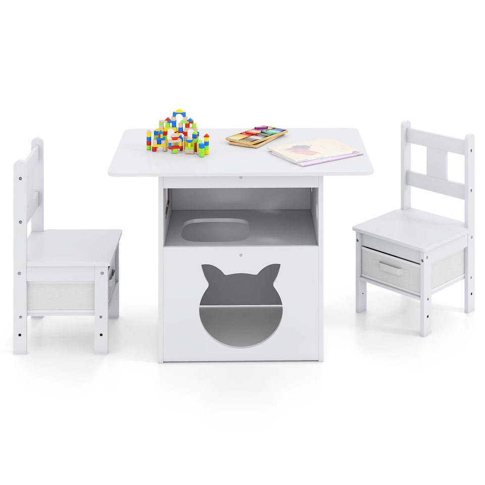 image 1 of COSTWAY Kids Table and Chairs Set with Cat House White