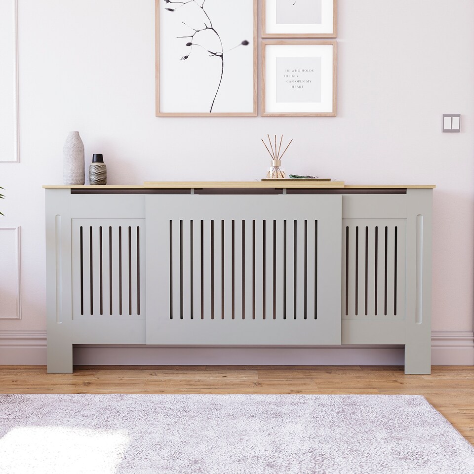 image 1 of Vida Designs Arlington Radiator Cover Painted MDF Slatted Cabinet, Grey, 140-204cm