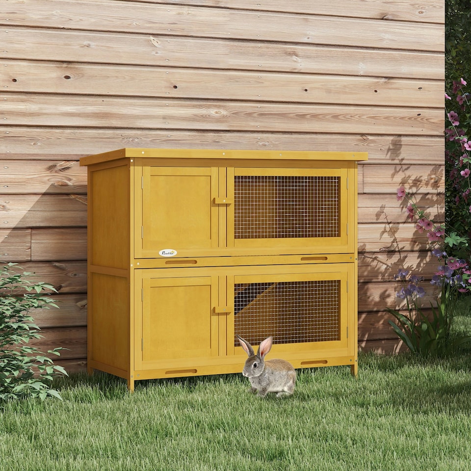 image 1 of PawHut Rabbit Hutch, Double Decker Cage w/ Roof, Divider, Ramp, Yellow