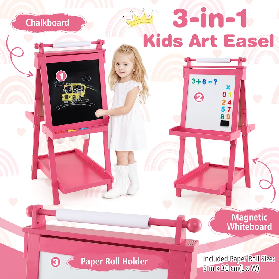image 1 of COSTWAY Foldable Easel Kids 3-in-1 Double-sided Art Easel w/Chalkboard-Pink