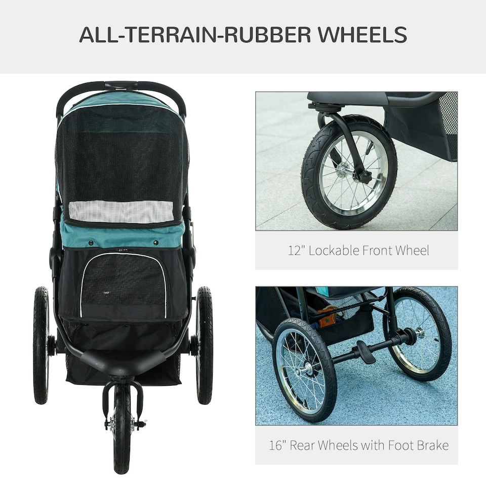 image 1 of PawHut 3 Wheel Pet Stroller, for Medium Small Dogs, Foldable Cat Pram - Green