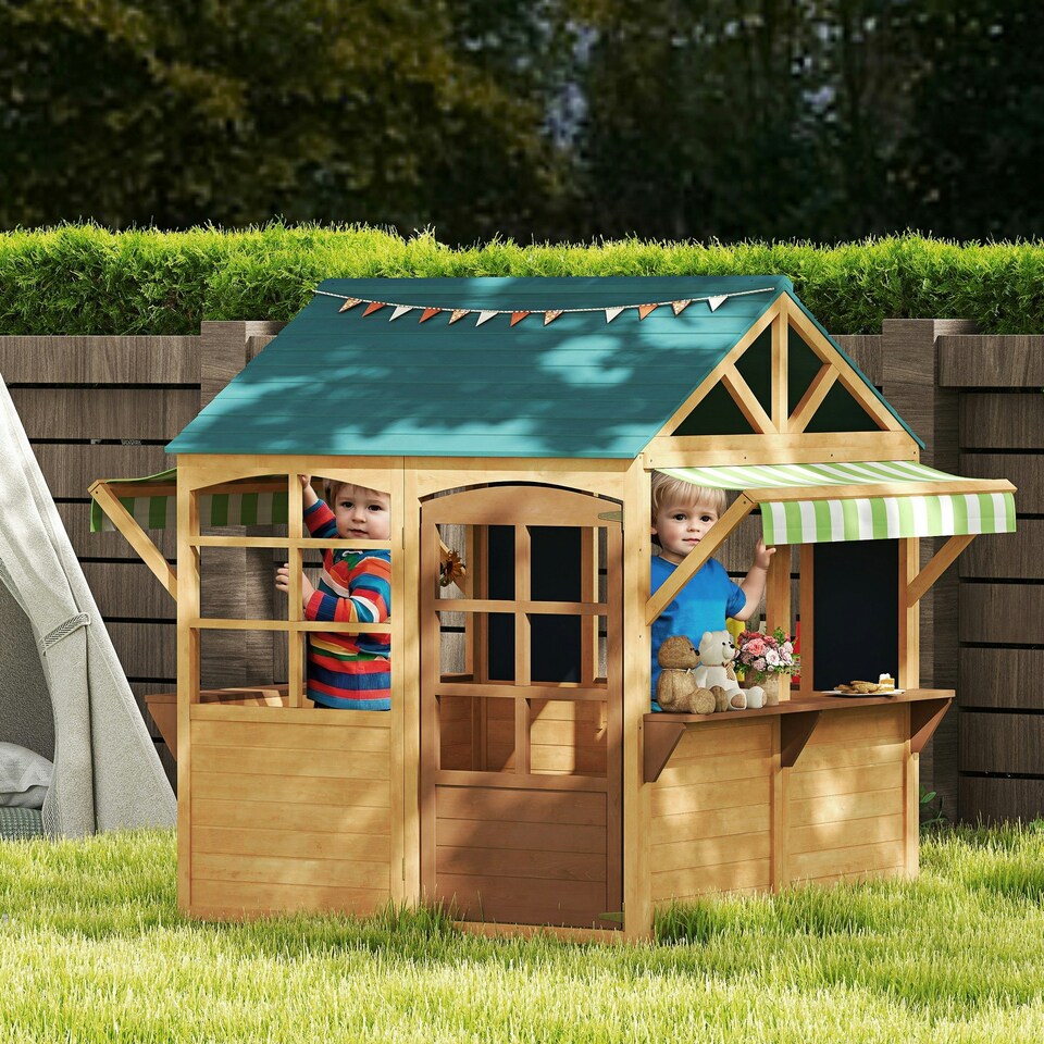 image 1 of AIYAPLAY Wooden Playhouse for Kids Outdoor, Foldable Wendy House, Brown