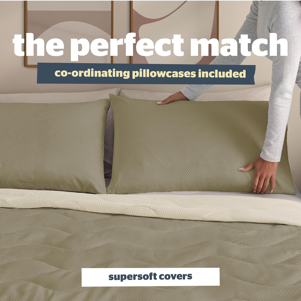 image 1 of Silentnight Summer Breeze 2.5 Tog Coverless Duvet and Pillowcase Set, Olive and Cream | Green | Olive