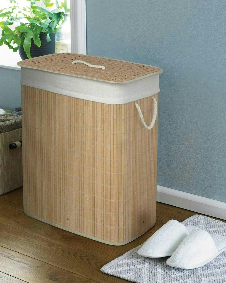 image 1 of Oblong Bamboo Natural Laundry Hamper with Divider | Brown
