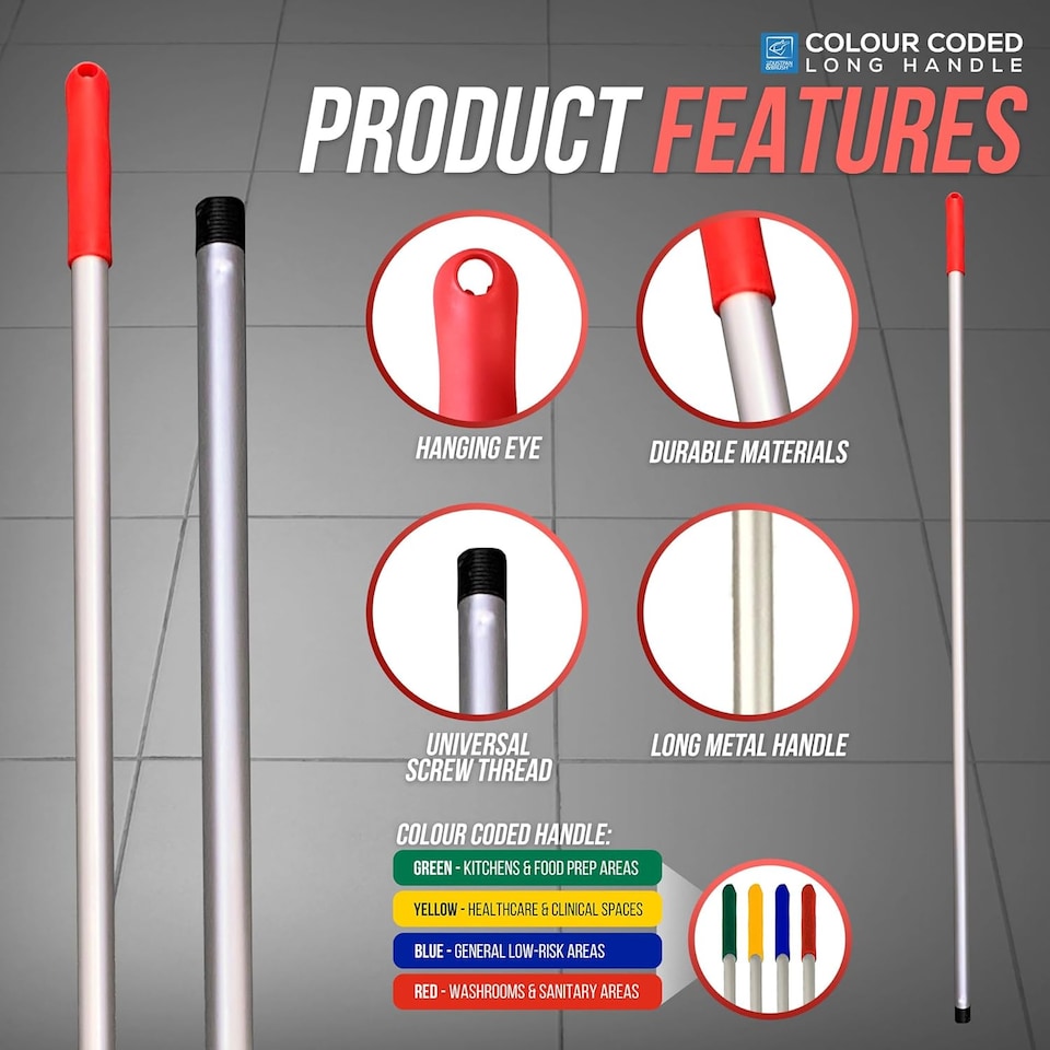 image 1 of Colour-Coded Aluminium Mop & Broom Handle 120cm Universal Screw Fit