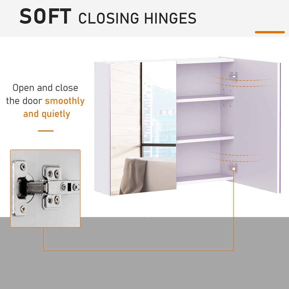 image 1 of HOMCOM Mirror Cabinet, Wall Mount Bathroom Storage Cabinet with Adjustable Shelf, Double Door Cupboard, 70 x 15 x 60 cm, White