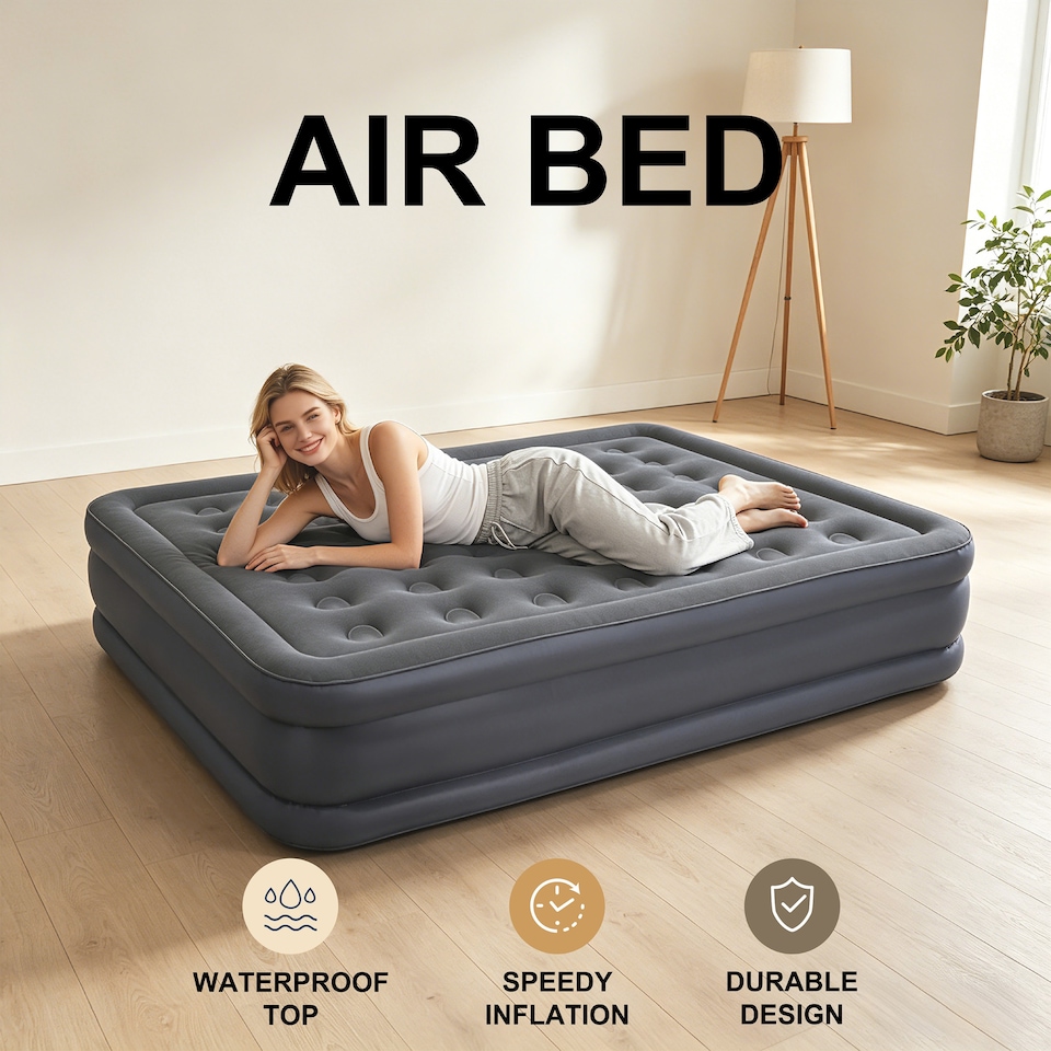 image 1 of Ezysleep Deluxe Double Single Flocked Camping Airbed Inflatable Mattress Blow Up Air Bed