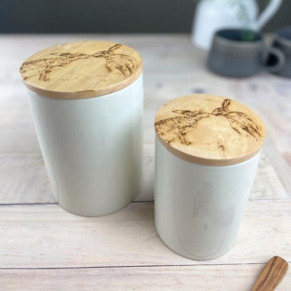 image 1 of The Just Slate Company Kissing Hares Oak & Ceramic Medium Storage Jar