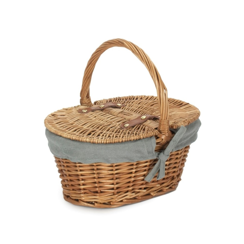 image 1 of Light Steamed Finish Check Oval Wicker Basket with Lining | Blue | Blue and White Checked | One Size