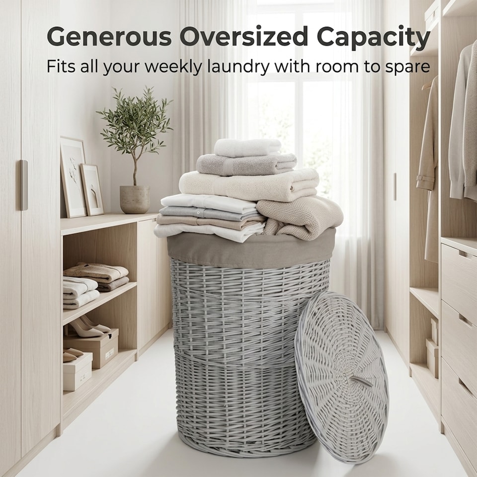image 1 of Wicker Laundry Hamper Basket, Laundry Basket with Lid, Round Washing Baskets, Wicker Wash Baskets with Lining Bathroom Storage (Grey, Medium)