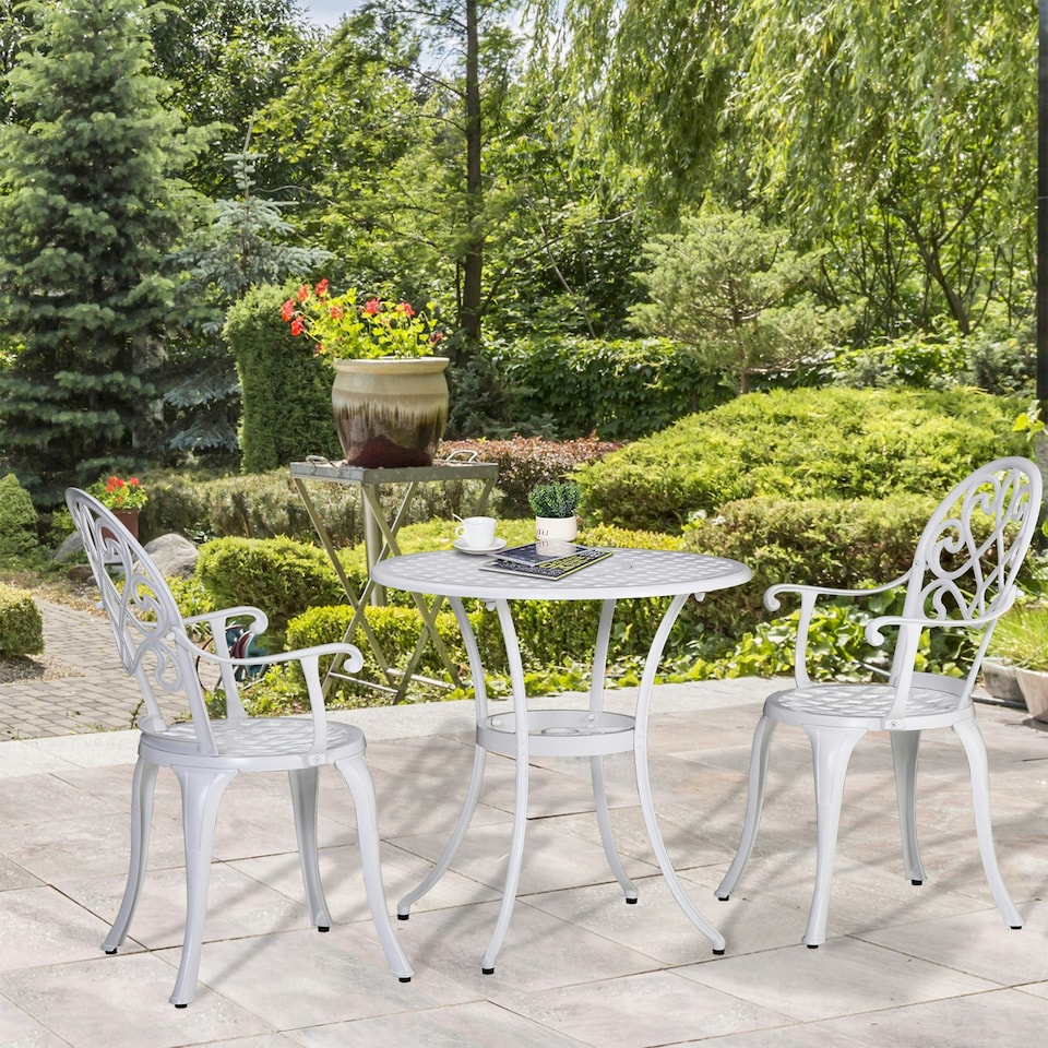 image 1 of Outsunny 3PCs Garden Bistro Set Cast Aluminium Round Table with 2 Chairs White