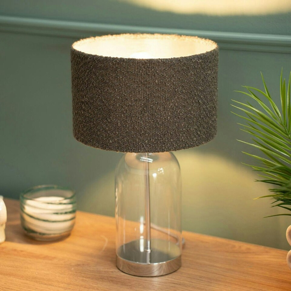 image 1 of ValueLights Jessy Glass and Silver Chrome Metal Bedside Table Lamp with a Charcoal Grey Boucle Lampshade
