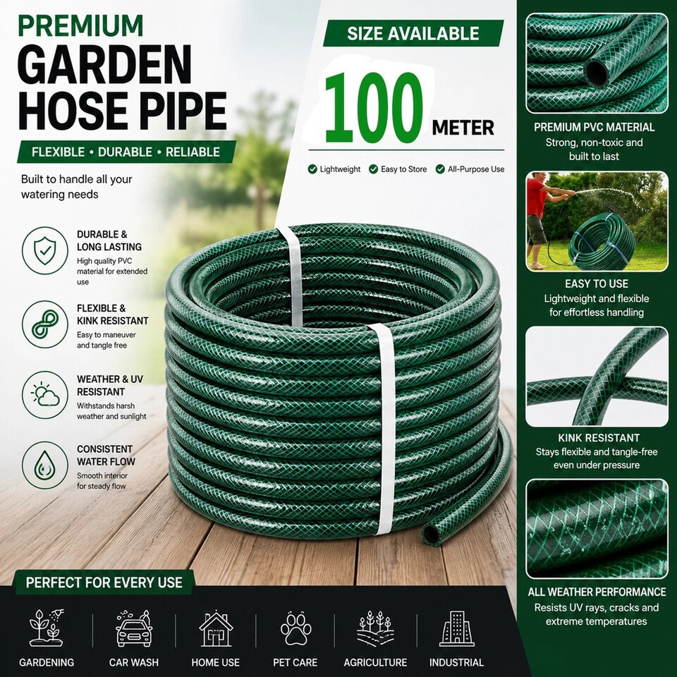 image 1 of 100m Reinforced Garden Hose Pipe Heavy Duty PVC Braided 3 Layer Water Hose Kink Free, Leakproof & Burst Resistant Hosepipe Reel