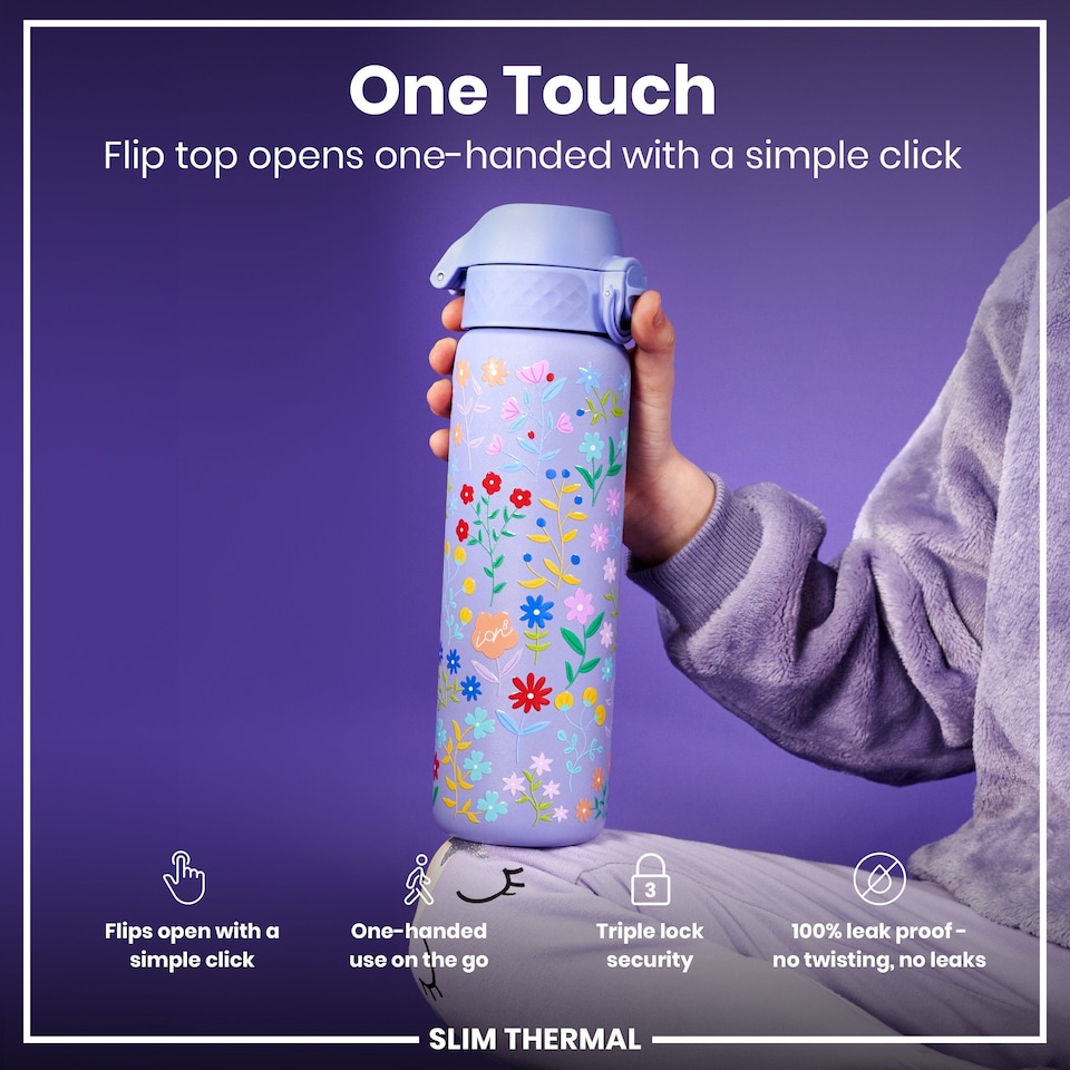 image 1 of Leak Proof Slim Water Bottle, Vacuum Insulated, 500ml (17oz) | Purple | Delicate Floral | One Size