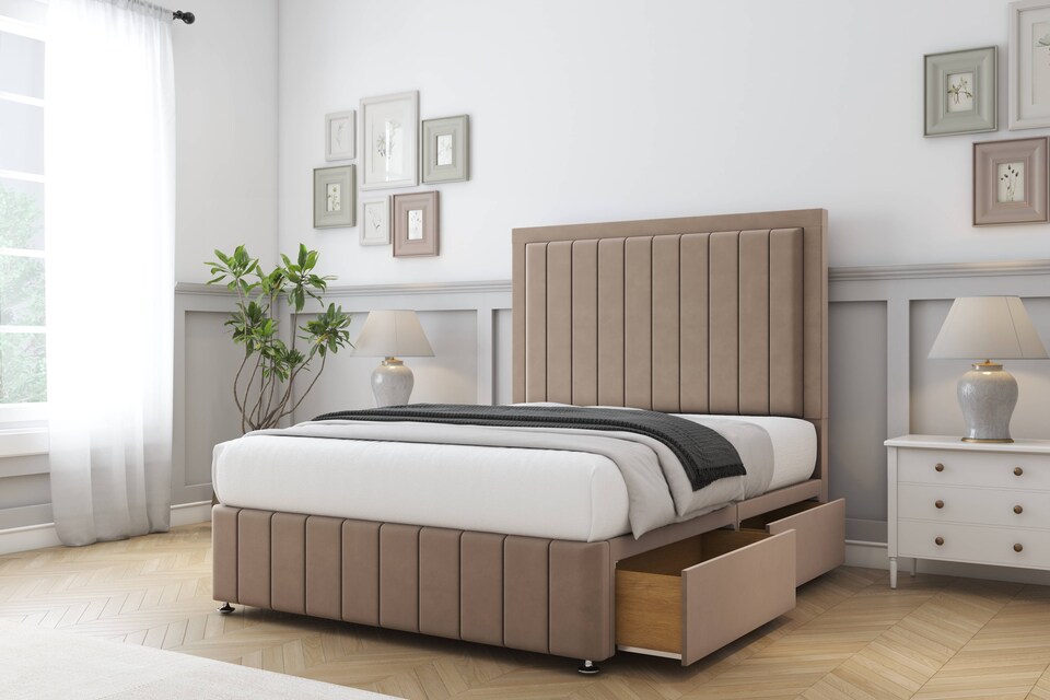image 1 of Sloomy Pemberton Mink Plush Divan Bed Base 2 Drawers Left Side With 26 Inch Strutted Headboard & 12 Inch Matching Footboard | Brown | Mink | Small Double | 1