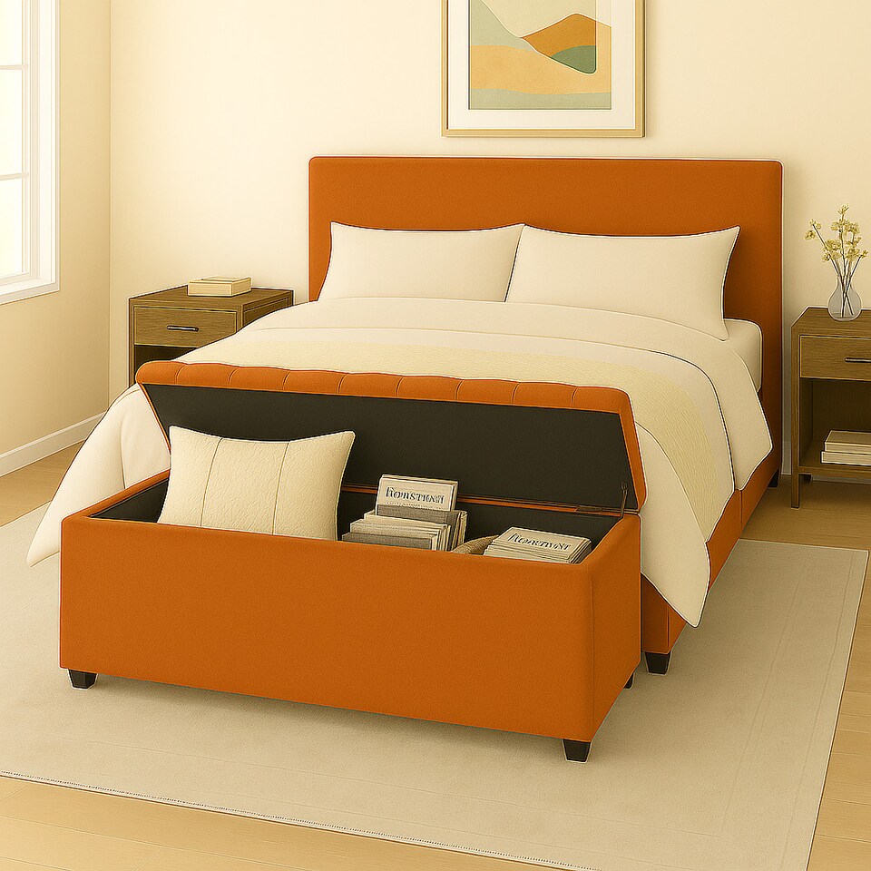image 1 of 137cm Chesterfield Plush Velvet Burnt Orange Upholstered Storage Ottoman Bench - Deep Tufted Lid & Wooden Leg