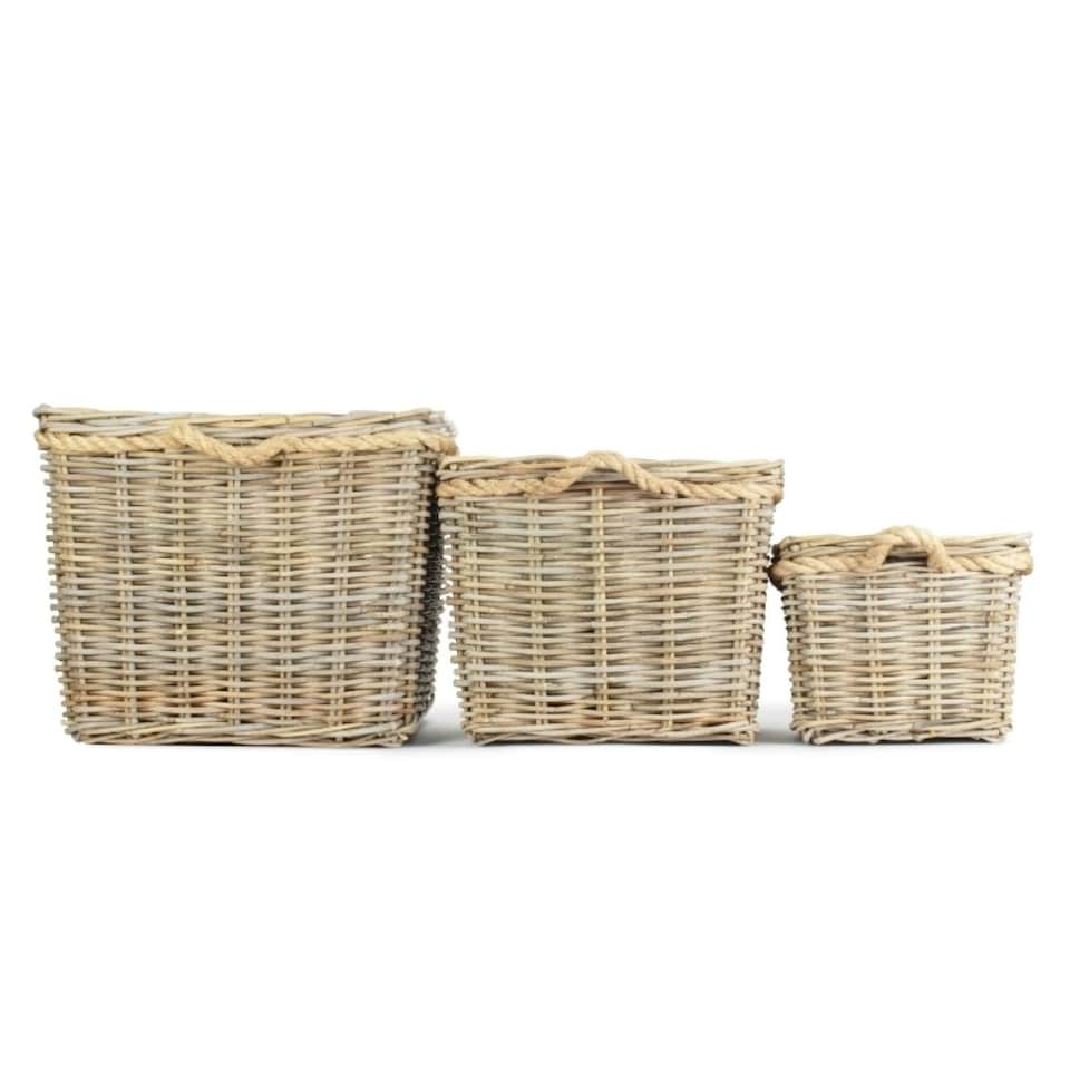 image 1 of Set of 3 Square Tapered Rope Handled Rattan Planter With Plastic Lining