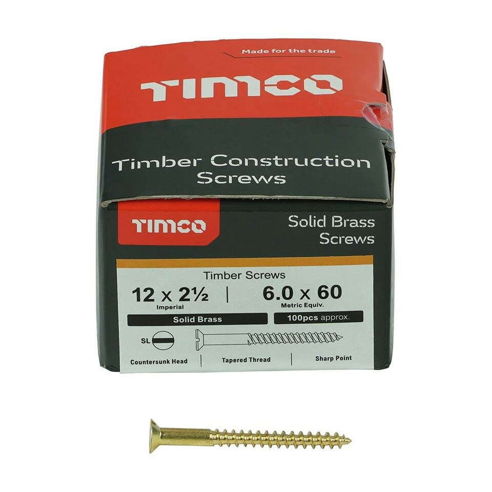 image 1 of Timco - Solid Brass Timber Screws - SLOT - Countersunk (Size 12 x 2 1/2 - 100 Pieces)