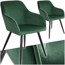 Dining Chair Marilyn - with armrests, padded, velvet look, black steel legs - Set of 2 Green | Dark Green/Black