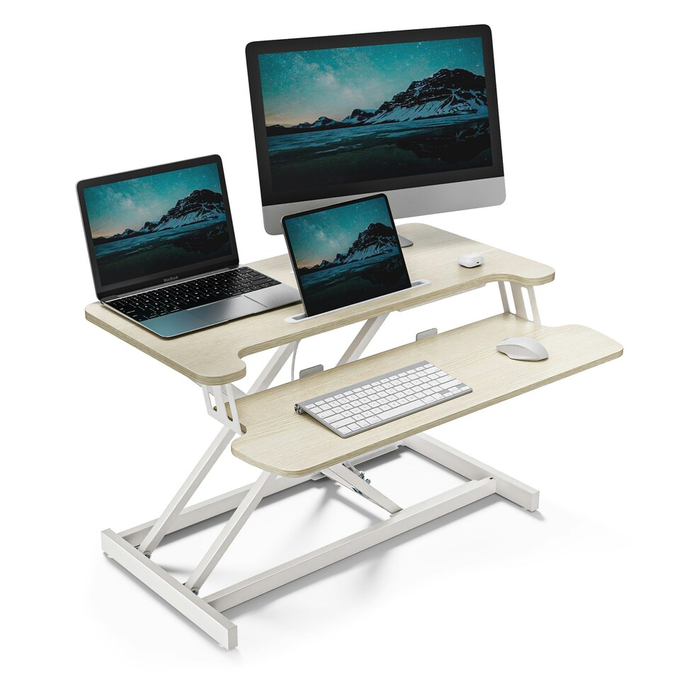 image 1 of VonHaus Height Adjustable Bamboo Standing Desk Converter, 80cm Length Multi | Light Wood