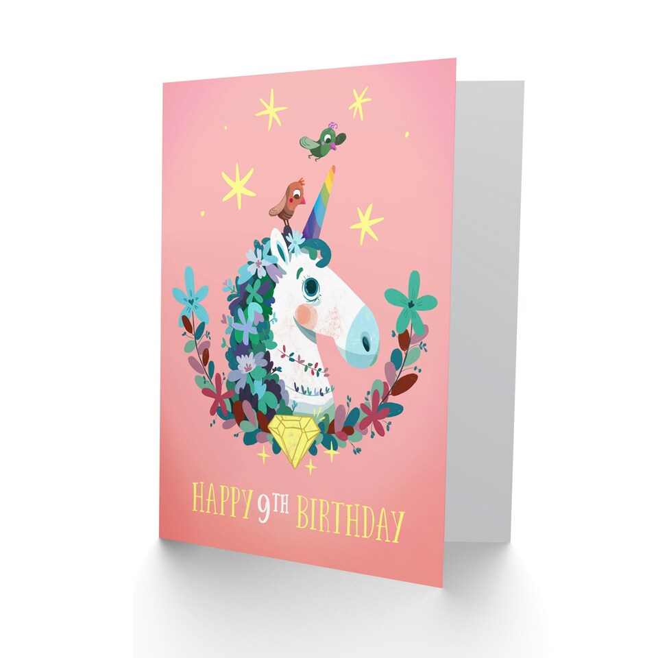 image 1 of Unicorn Flowers Cartoon Age 9 Year Old Child Kids 9th Birthday Card