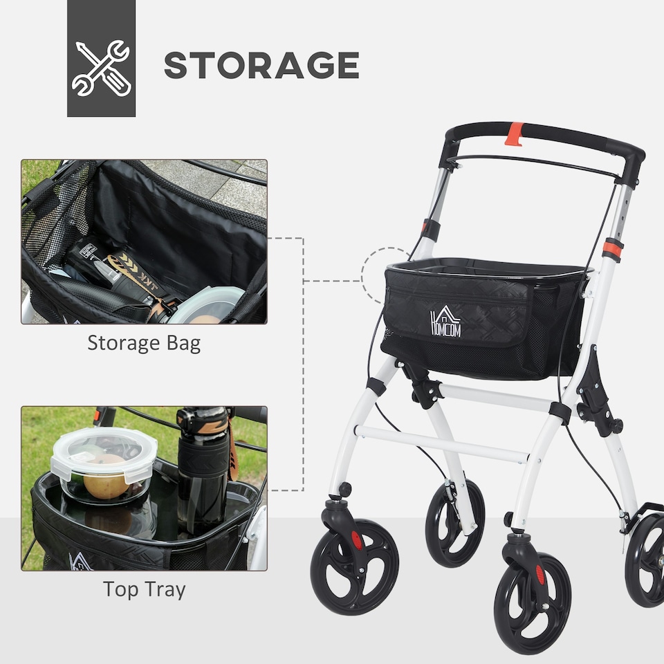 image 1 of HOMCOM Folding Upright Rollator Walker with Storage Bag, Tray, White
