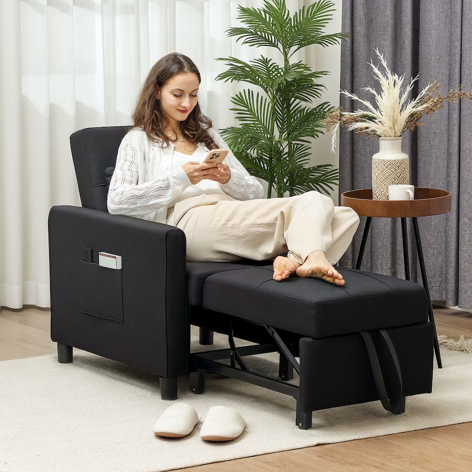 image 1 of HOMCOM Compact Single Chair Bed, Pull Out Bed, Convertible Sleeper Chair with Adjustable Backrest, Pillow, Side Pockets for Home Office, Bedroom, Living Room, Black | Black | One Size