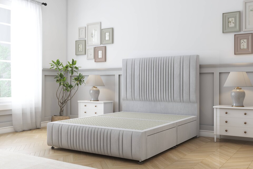 image 1 of Sloomy Kingsley Silver Naples Divan Bed Base No Drawers With 54 Inch Floor Standing Headboard & 12 Inch Matching Footboard | Silver | Silver | Super King | 1