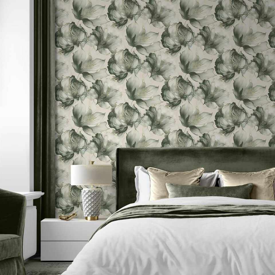 image 1 of Elysian Floral Green & Gold Wallpaper Green