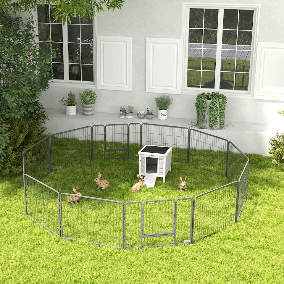 image 1 of PawHut Rabbit Hutch, Bunny Cage Outdoor Wooden House w/ Asphalt Roof, Grey