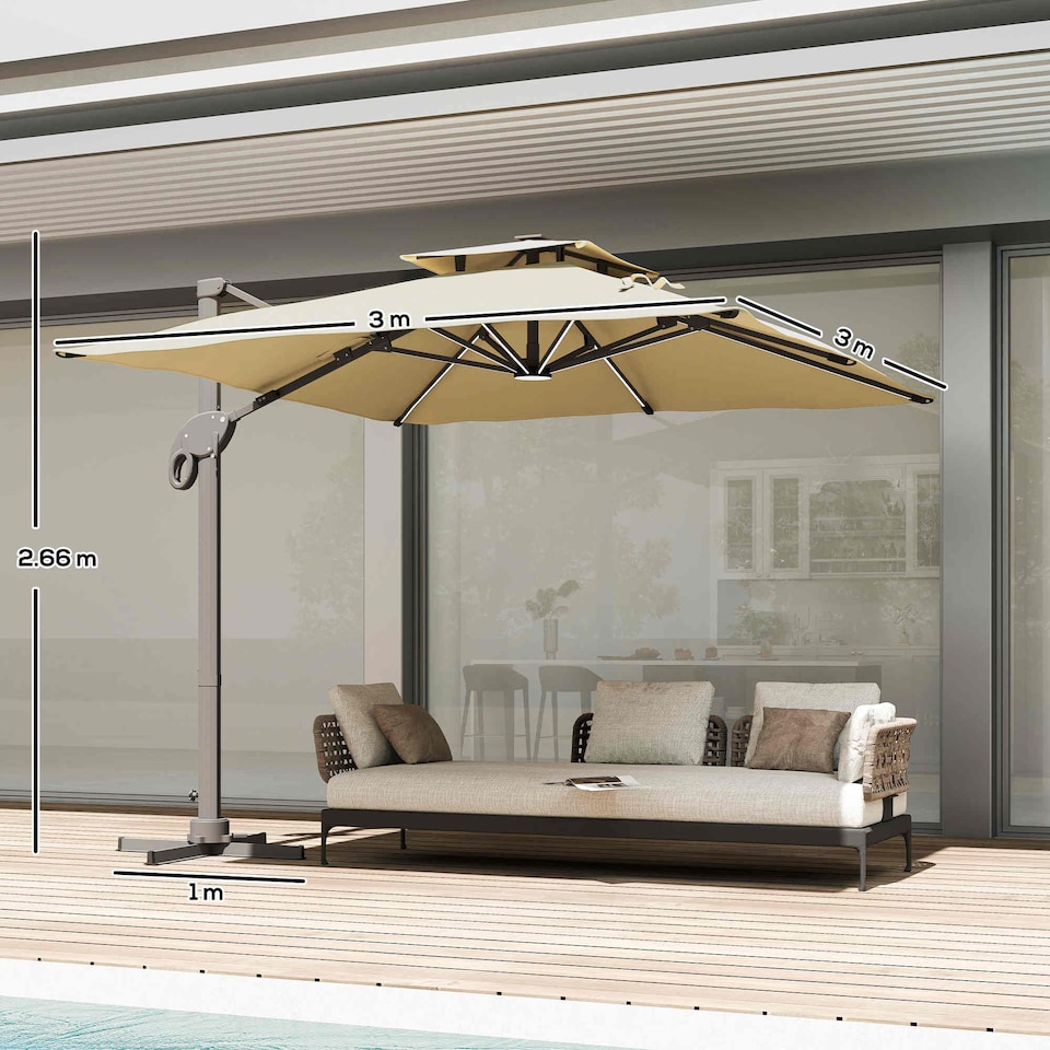 image 1 of Outsunny 3 x 3m Cantilever Roma Parasol Garden Sun Umbrella, Twotier 250g Polyester Sun Shade with LED Solar Light, Aluminium Frame, Cross Base 360 Rotating Khaki | Brown