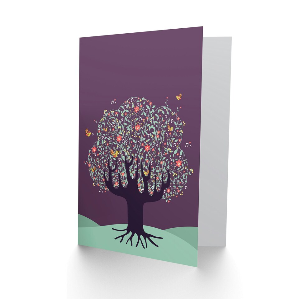 image 1 of Blooming Tree Flowers Birds Purple Sky Folk Art Art Card