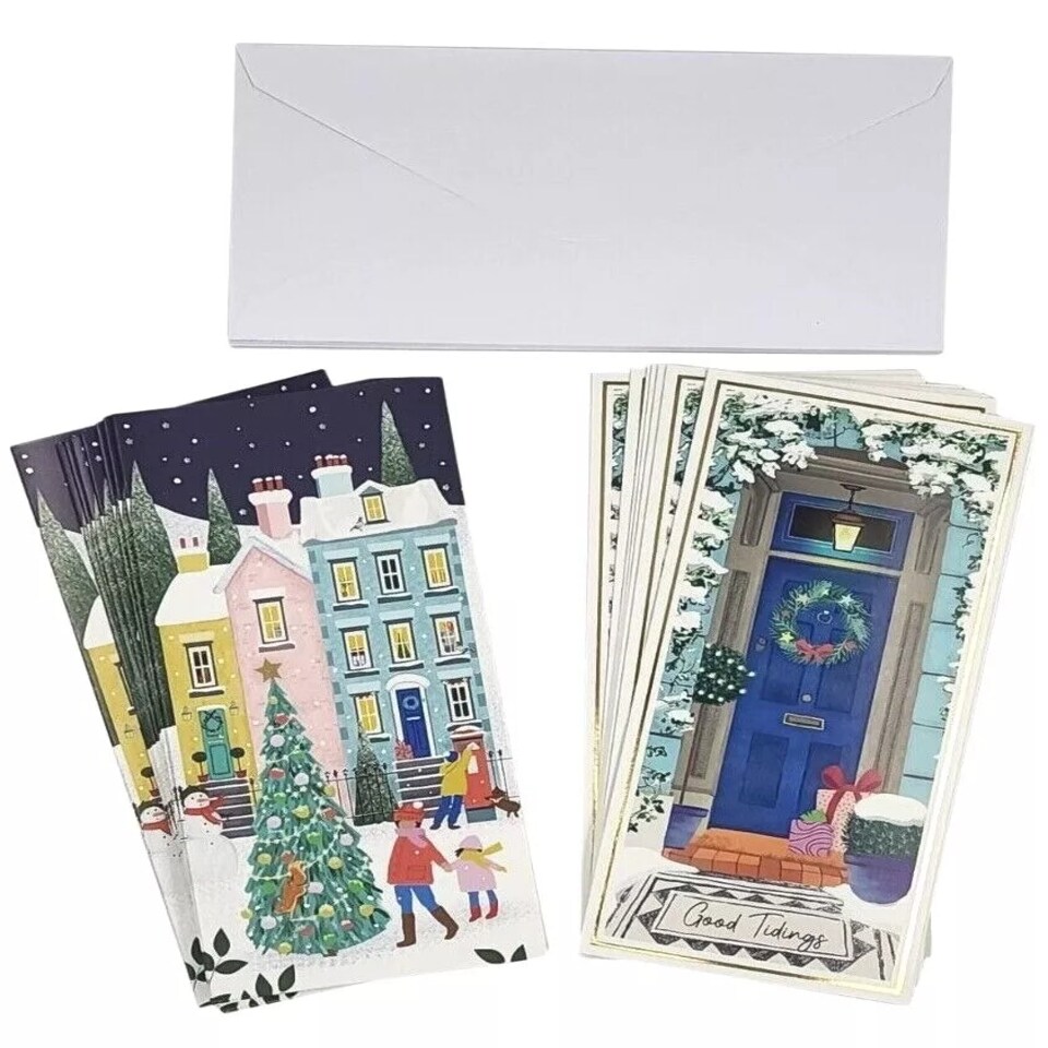 16 Pack Slim Christmas Cards Door & Village Design