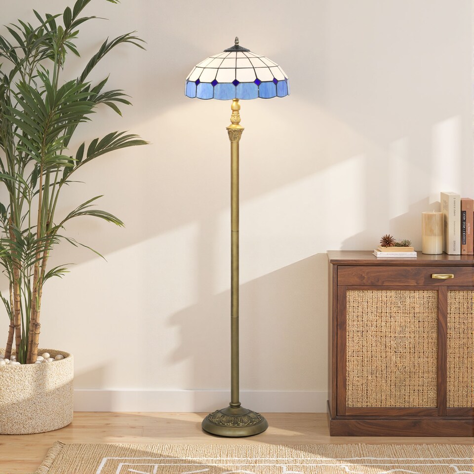 image 1 of HOMCOM Tiffany-Style Floor Lamp with Handcrafted Stained Glass Shade, 152cm Tall Vintage Standing Lamp with Foot Switch and Dual Sockets for Living Room Bedroom, Bronze Tone and Blue | Blue