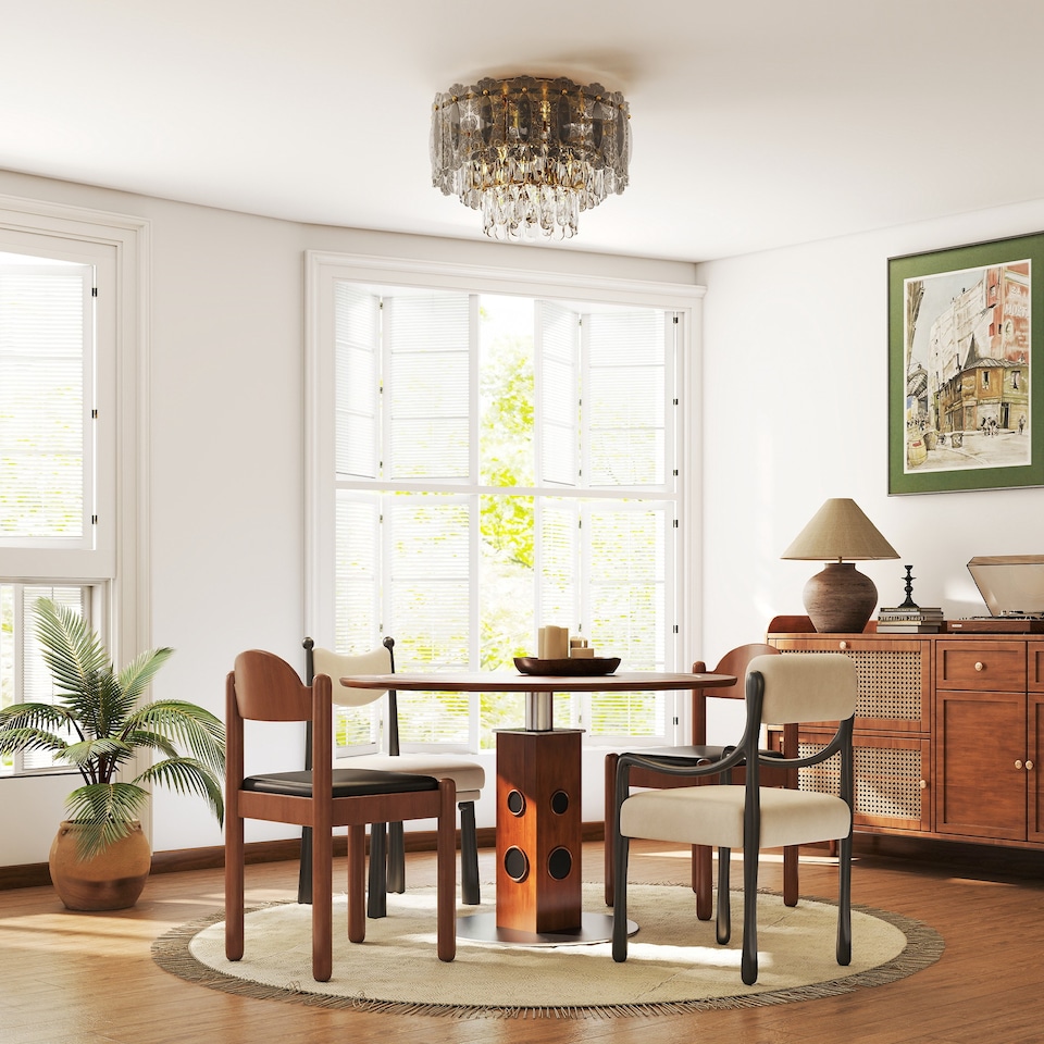 image 1 of HOMCOM Chandelier Ceiling Light, 3-Light Vintage Flush Mount Fixture with Dual Crystal and Smoke Glass Shade, LED Ceiling Light for Living Room Bedroom, 3 E27 Sockets, Bulbs Not Included, Gold Tone