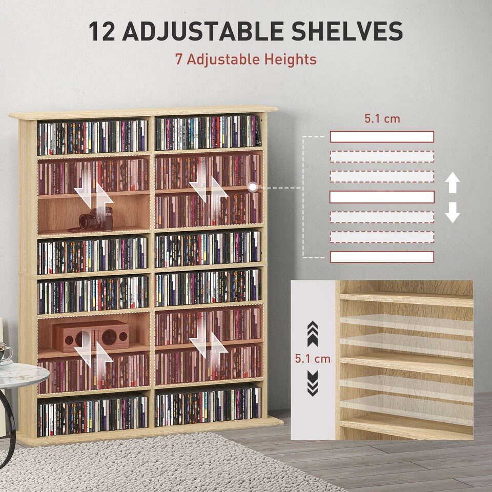 image 1 of HOMCOM 720 CD396 DVD Storage Unit, 396 Blu-ray Media Storage Shelf with 16 Compartments and 12 Adjustable Shelves, CD Tower for Living Room, Bedroom, Office, Nature Wood Finish | Brown