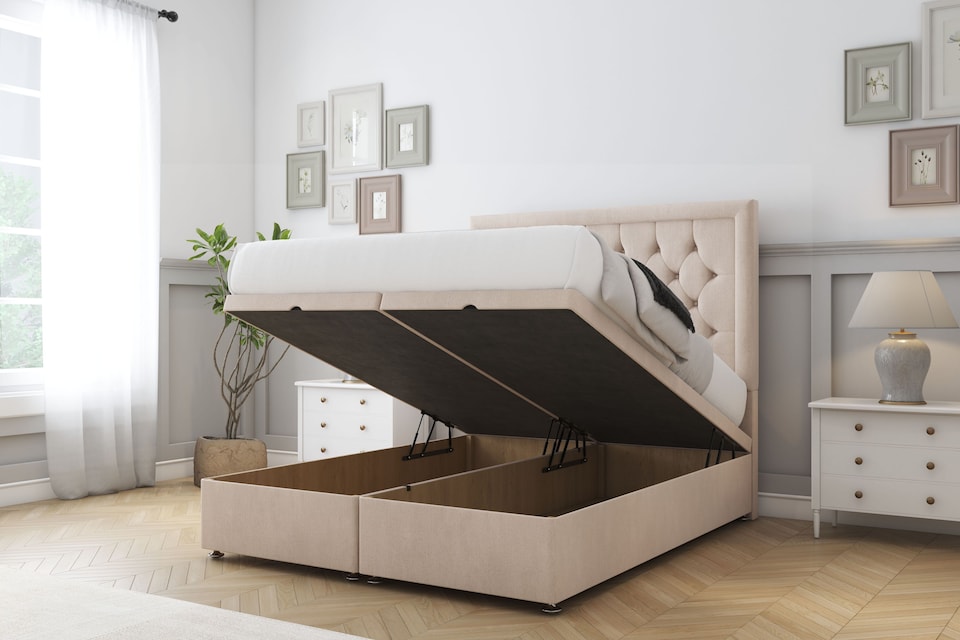 image 1 of Sloomy Montana Sand Naples Ottoman Bed Base With 54" Floor Standing Headboard 2'6 Small Single | Cream | Sand | Small Single | 1