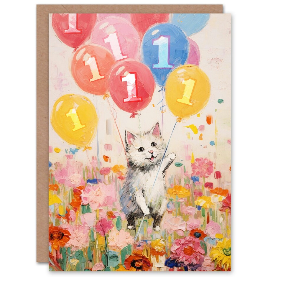 image 1 of Flowers Kitty Balloons Age 1 Year Old Cat Child Kids 1st Birthday Card