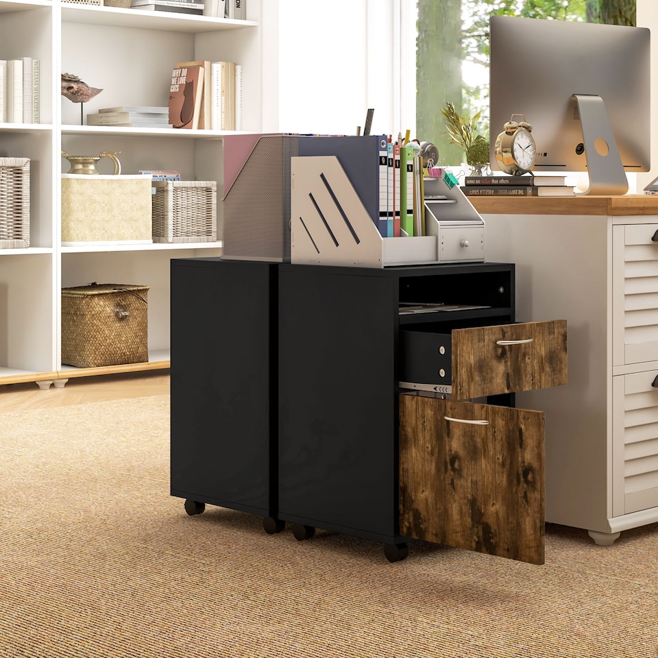 image 1 of HOMCOM 60cm Filing Cabinet with Drawer, Open Shelf, Metal Handles and 4 Wheels, Office Home Organiser Mobile Printer, Rustic Brown