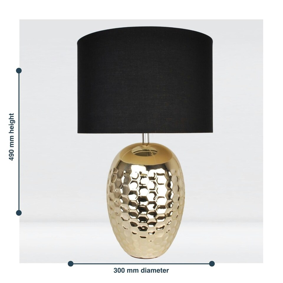 image 1 of First Choice Lighting Textured Ceramic Bedside Table Light with Pale Gold Plated Finish and Black Textured Cotton Fabric Shade Gold | Black