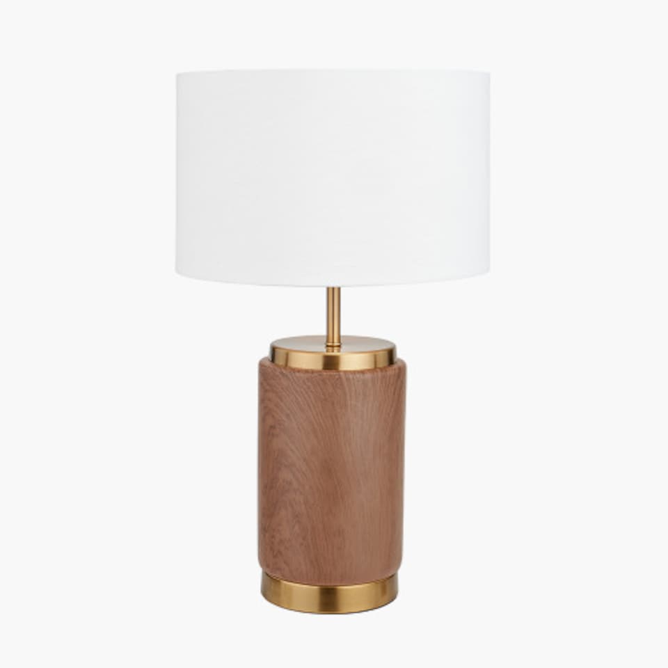 image 1 of Cylinder Wood Effect Ceramic Table Lamp with Shade | Brown | Brown | 1