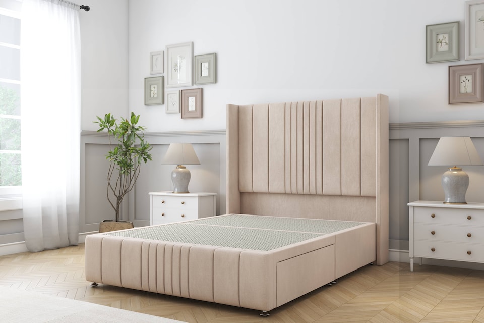 image 1 of Sloomy Hargrave Sand Naples Divan Bed Base No Drawers With 54 Inch Wingback Headboard & 12 Inch Matching Footboard | Cream | Sand | Double | 1