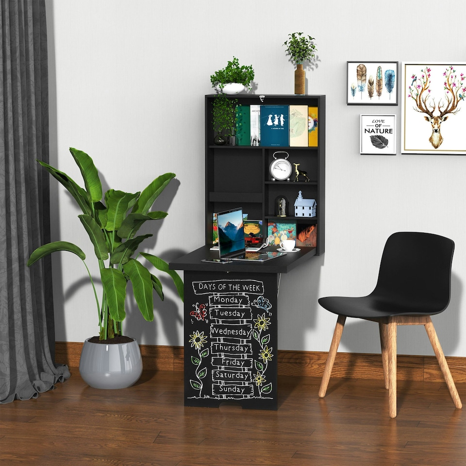 image 1 of HOMCOM Multi-Functional Folding Wall-Mounted Drop-Leaf Table w/Chalkboard Shelf