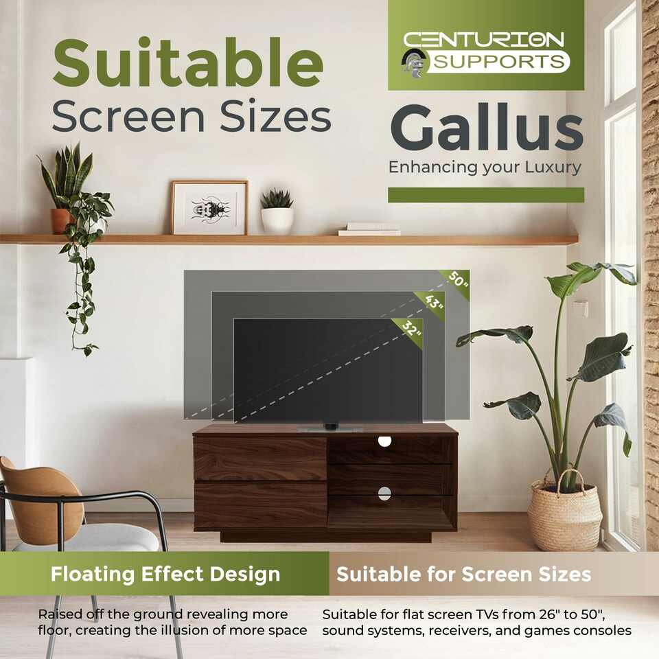 image 1 of Centurion Supports Gallus Premium Walnut with 2-Walnut Drawers and 3-Shelves 32"-55" LED/OLED/LCD TV Cabinet Brown