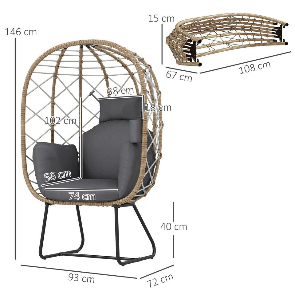 image 1 of Outsunny Rattan Egg Chair Outdoor Indoor Wicker Chair with Thickened Cushion and Headrest, Standing Garden Egg Chair with Cup Holder, Metal Frame for Patio, Balcony, Brown | Brown