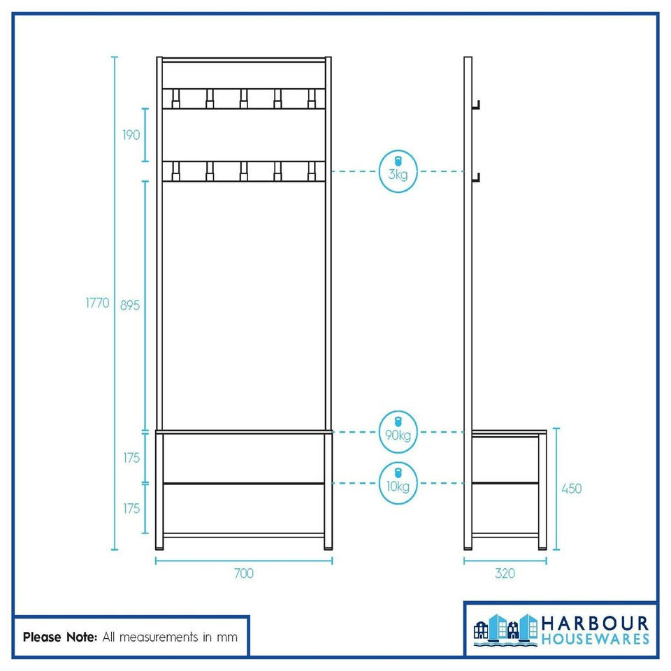 image 1 of Harbour Housewares Square Steel Coat Rack with Shoe Storage Bench - Coat Rack Coat Stand Hat Stand Clothing Rail Hooks S