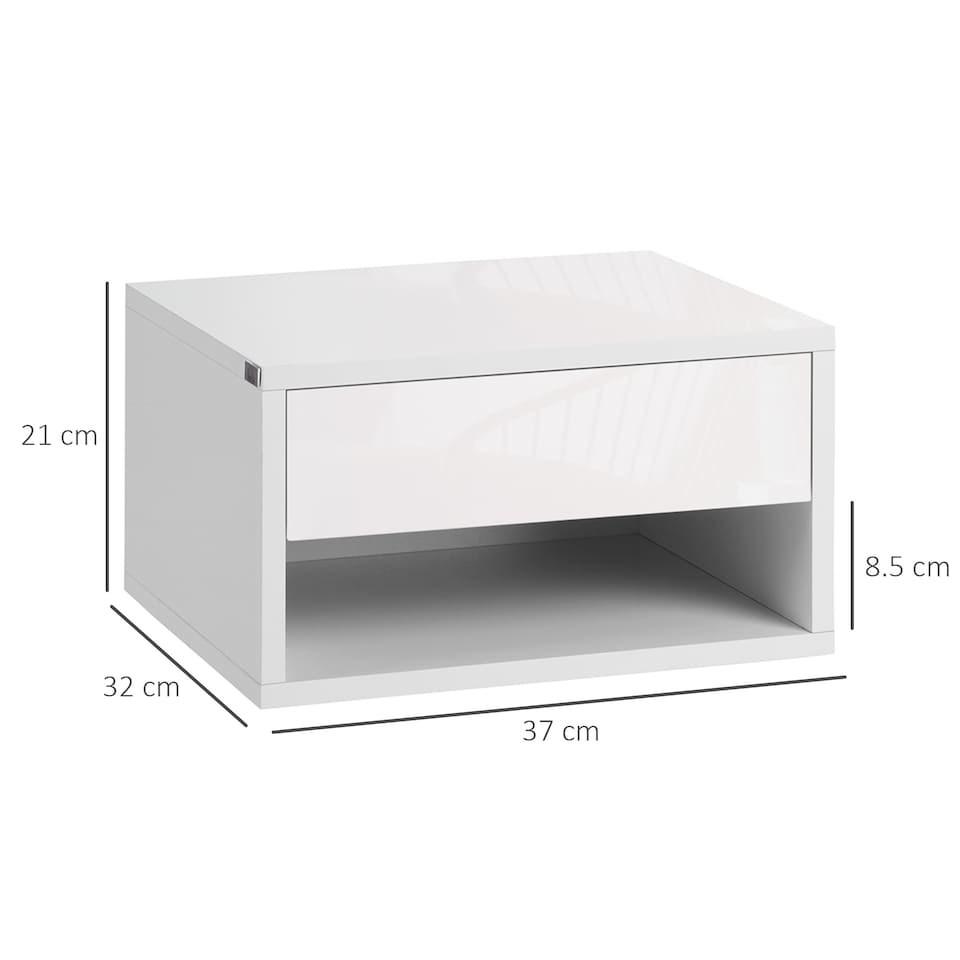 image 1 of HOMCOM Floating Bedside Table Set of 2 Wall Mounted Nightstand with Storage Drawer and Open Shelf for Bedroom, High Gloss White | White